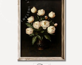 Printable Moody Peonies Wall Art, Vintage Dark Oil Painting Floral Art Print Farmhouse Decor Victorian White Flower Print Digital Download