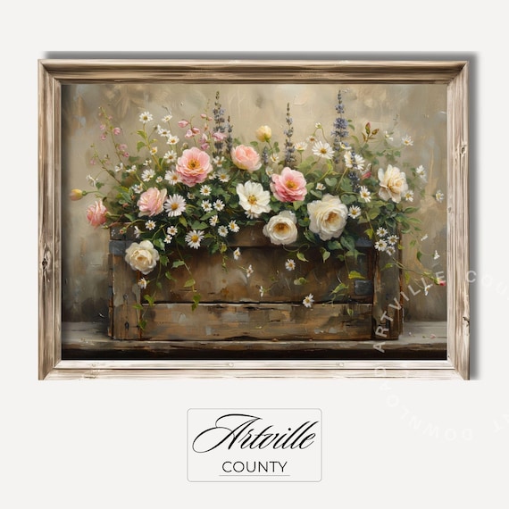 Printable Flowers in Crate Wall Art Spring Flower Print Farmhouse Floral Painting Rustic Box Wall Art Cottagecore Decor Digital Download