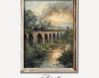 Vintage Steam Train Painting, Printable Stone Bridge Art Print, Sunset Landscape Oil Painting, Locomotive Train Wall Art, Digital Download
