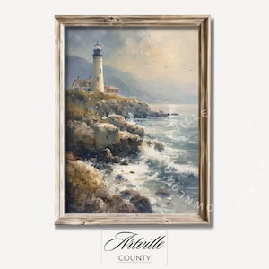 Printable Vintage Lighthouse Painting, Nautical Landscape Wall Art, Stormy Ocean Oil Painting, Coastal Rock Art Print, DIgital Download Art
