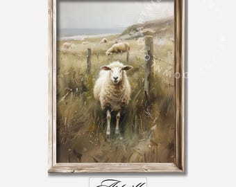 May include: A painting of a white sheep standing in a field with a fence and other sheep in the background. The sheep is looking directly at the viewer. The painting is done in a realistic style and has a warm, inviting feel.