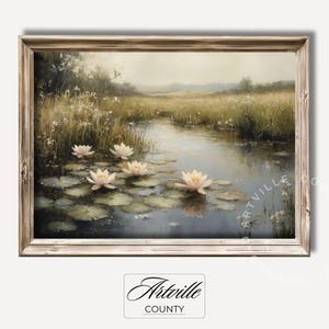 Printable Water Lilies Painting, Vintage Country Landscape Print, Spring Cottagecore Farmhouse Decor, Lake Flowers Wall Art Digital Download