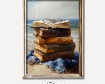 Printable Book Stack Coastal Art Summer Beach Print Librariancore Art Reading Nook Painting Book Lover Gift Bookish Decor Digital Download