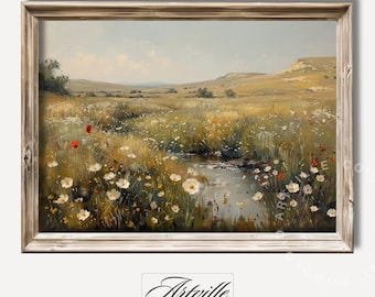Vintage Wildflower Field Print, Printable Spring Wall Art, Countryside Landscape Painting, Cottagecore Decor, Nature Print, Digital Download