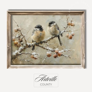 Printable Birds Winter Wall Art, Vintage Bird on Winter Tree Oil Painting, Rustic Christmas Print, Snowy Nature Wall Decor Digital Download