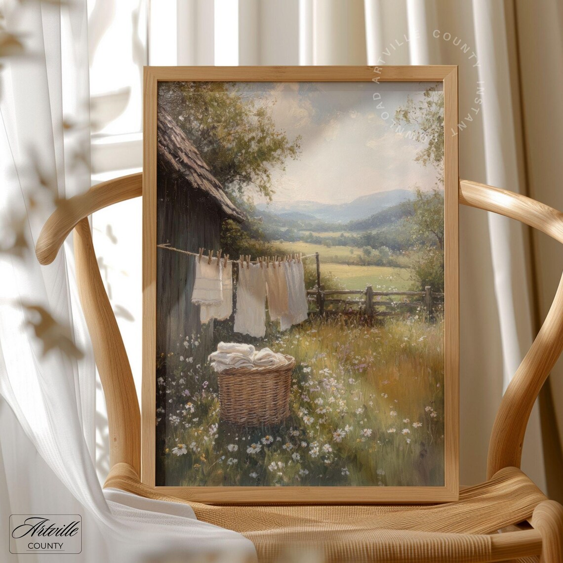 Vintage Laundry Day Print, Printable Country Landscape Painting ...