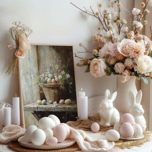 May include: An Easter-themed still life featuring a framed painting of eggs in a basket, white ceramic bunny figurines, and a vase of flowers. White and pink eggs are arranged on plates. Tall white candles and floral accents complete the scene.