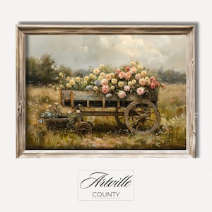 印刷可能な野生の花のカートの壁アート春の花のプリント田舎の風景画ヴィンテージ花柄プリント農家の装飾デジタルダウンロード