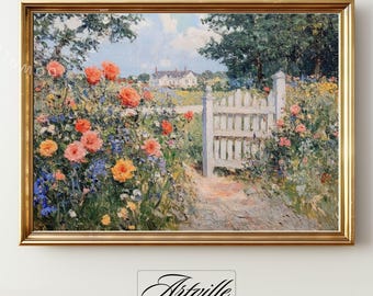 Printable Cottage Garden Painting, Vintage Wildflowers Wall Art, Spring Floral Art Print, Antique Country House Decor, Digital Download