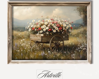 印刷可能なワイルドフラワーカートウォールアート春の花プリント田舎風景画ヴィンテージ花柄ファームハウス装飾デジタルダウンロード
