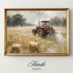 May include: A red tractor drives through a field of golden hay bales. The tractor is surrounded by a light mist and the sky is cloudy.
