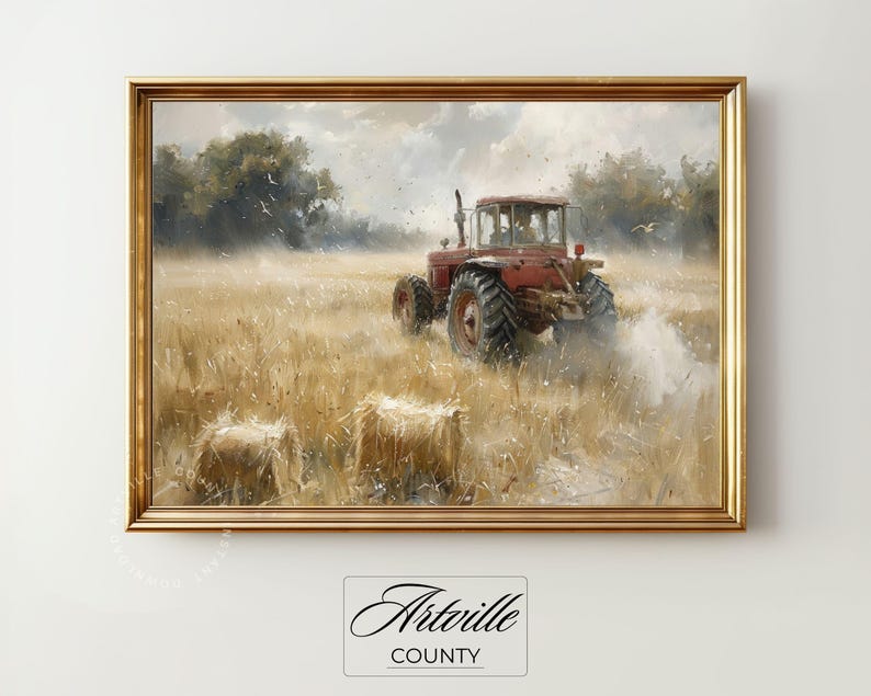 May include: A red tractor drives through a field of golden hay bales. The tractor is surrounded by a light mist and the sky is cloudy.