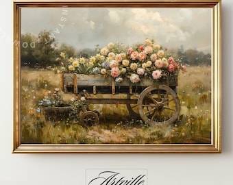 Printable Wildflowers Cart Wall Art Spring Flower Print Country Landscape Painting Vintage Floral Print Farmhouse Decor Digital Download