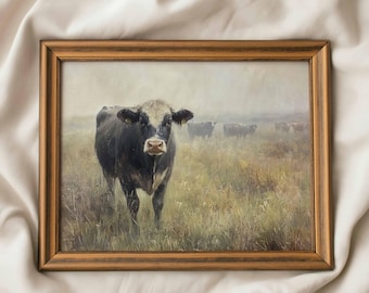 Printable Vintage Cow Print, Country Landscape Painting, Cow Art, Farmhouse Decor, Vintage Painting, Cottagecore Cow Print, Digital Download