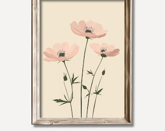 Pink Poppy Flower Wall Art, Minimalist Botanical Print, Soft Neutral Home Wall Decor, Printable Modern Beige Floral Poster, Digital Download