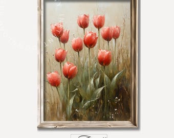 Red Tulip Printable Painting, Vintage Botanical Print, Muted Floral Wall Art, Farmhouse Spring Tulip Decor, Flowers Bloom Digital Download