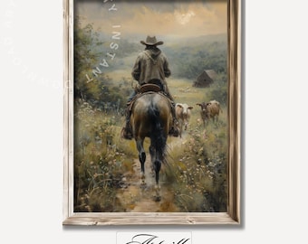 Arte murale vintage da cowboy, stampa western, dipinto di cavaliere malinconico, stampabile, decorazione da cowboy, download digitale di arte di campagna