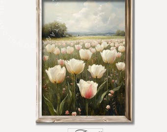 Cuadro de campo de tulipanes blancos, impresión de paisaje primaveral, arte de pared de tulipanes imprimible, decoración de primavera de granja, descarga digital de arte floral