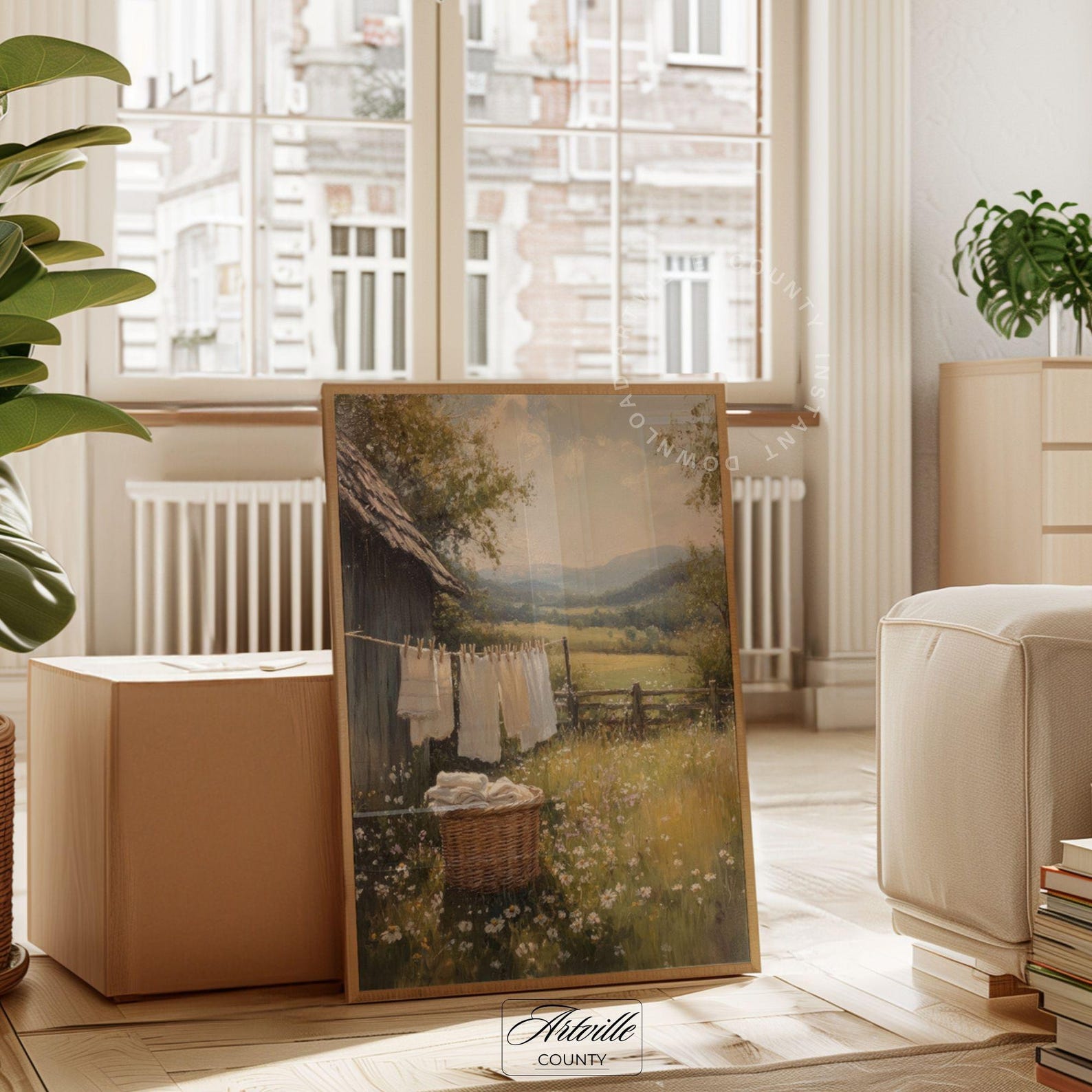 Vintage Laundry Day Print, Printable Country Landscape Painting ...