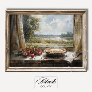 May include: A painting of a window with a view of a lake and a field. There is a pie and fruit on a table in front of the window.