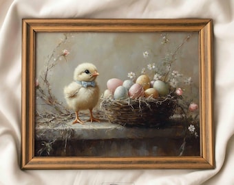 Chick and Easter Eggs Print, Vintage Holiday Wall Art, Spring Nursery Decor, Digital Download
