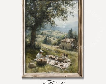 Printable Countryside Picnic Oil Painting, Cottagecore Digital Art Print, Farmhouse Wall Art, Nature Vintage Print, Family Picnic Wall Art