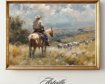Wydrukowana sztuka ścienna z kowbojem, wydruk w stylu vintage western, antyczny obraz jeźdźca konnego, sztuka ścienna z koniem, wystrój kowbojski, pobieranie cyfrowe
