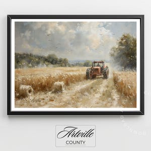 Puede incluir: Impresi&oacute;n art&iacute;stica enmarcada de un paisaje rural con un tractor rojo en un campo de trigo. La obra de arte representa un d&iacute;a soleado con un cielo nublado, balas de heno y p&aacute;jaros en vuelo. La impresi&oacute;n est&aacute; en un marco negro.