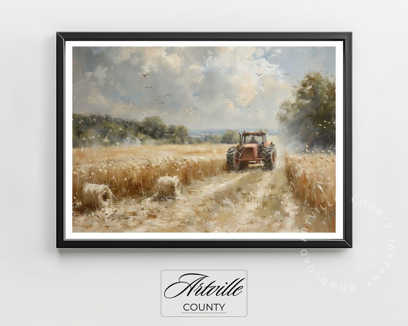 Puede incluir: Impresi&oacute;n art&iacute;stica enmarcada de un paisaje rural con un tractor rojo en un campo de trigo. La obra de arte representa un d&iacute;a soleado con un cielo nublado, balas de heno y p&aacute;jaros en vuelo. La impresi&oacute;n est&aacute; en un marco negro.