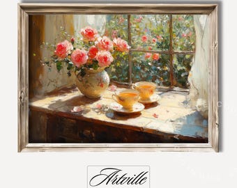 バラとティーカップのヴィンテージ絵画、印刷可能な花の壁アート 