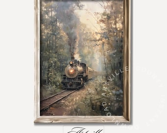 May include: A framed painting of a vintage steam train traveling through a lush forest. The train is brown and black with a bright yellow light shining from the front. The forest is green and brown with a hazy, atmospheric effect. The frame is a rustic, light brown wood.