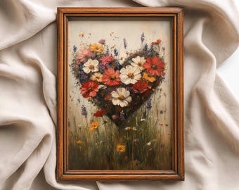 Floral Heart Wall Art, Romantic Flower Painting, Romantic Valentines Decor, Digital Download