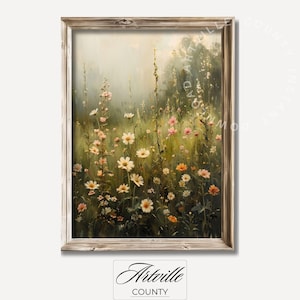 Printable Wildflowers Painting, Farmhouse Wall Art, Vintage Spring Decor, Floral Art Print, Countrside Landscape Painting, Digital Download