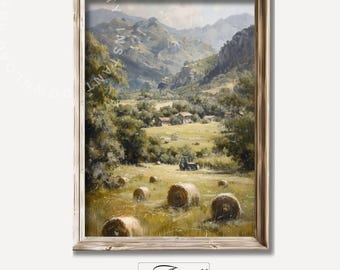 May include: A framed painting of a rural landscape with rolling hills, a valley, and a small village. The painting features a tractor in a field with hay bales scattered throughout. The painting is in a rustic wooden frame.