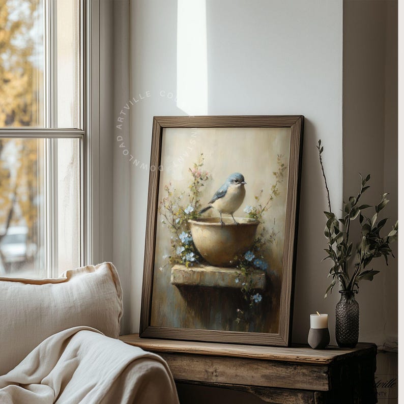 Printable Bird Spring Wall Art, Vintage Bird Oil Paining, Blooming ...