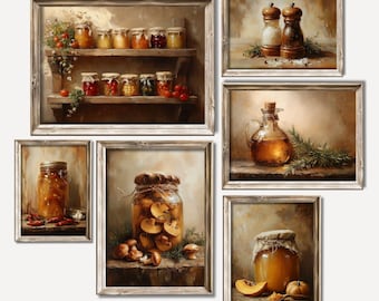 May include: A collection of six framed paintings depicting still life scenes with jars of preserved food, spices, and herbs. The paintings are in a rustic style with a warm color palette.