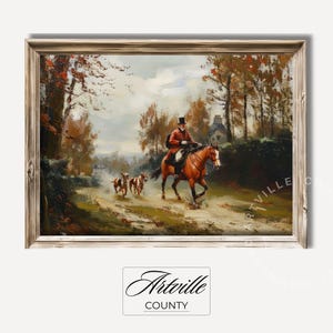 Vintage Fox Jagd Druck, druckbare Reiter und Hunde rustikale Pferdesport Kunst englische Landschaft Malerei antike Wandkunst digitaler Download