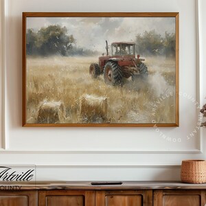 Vintage Tractor in Field Painting, Farmhouse Wall Art, Printable Farm Wall Art, Countryside Field Print, Farming Scene Digital Art Print image 2