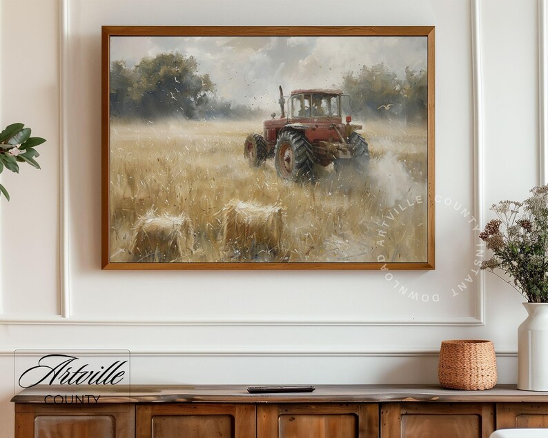 Vintage Tractor in Field Painting, Farmhouse Wall Art, Printable Farm Wall Art, Countryside Field Print, Farming Scene Digital Art Print image 2
