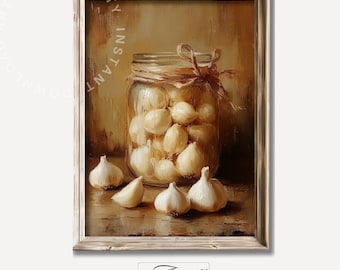 Impressão de alho vintage em jarra, arte de parede para cozinha de chalé para impressão, impressão de arte de natureza morta com alho, decoração de casa de fazenda, arte de colheita, download digital