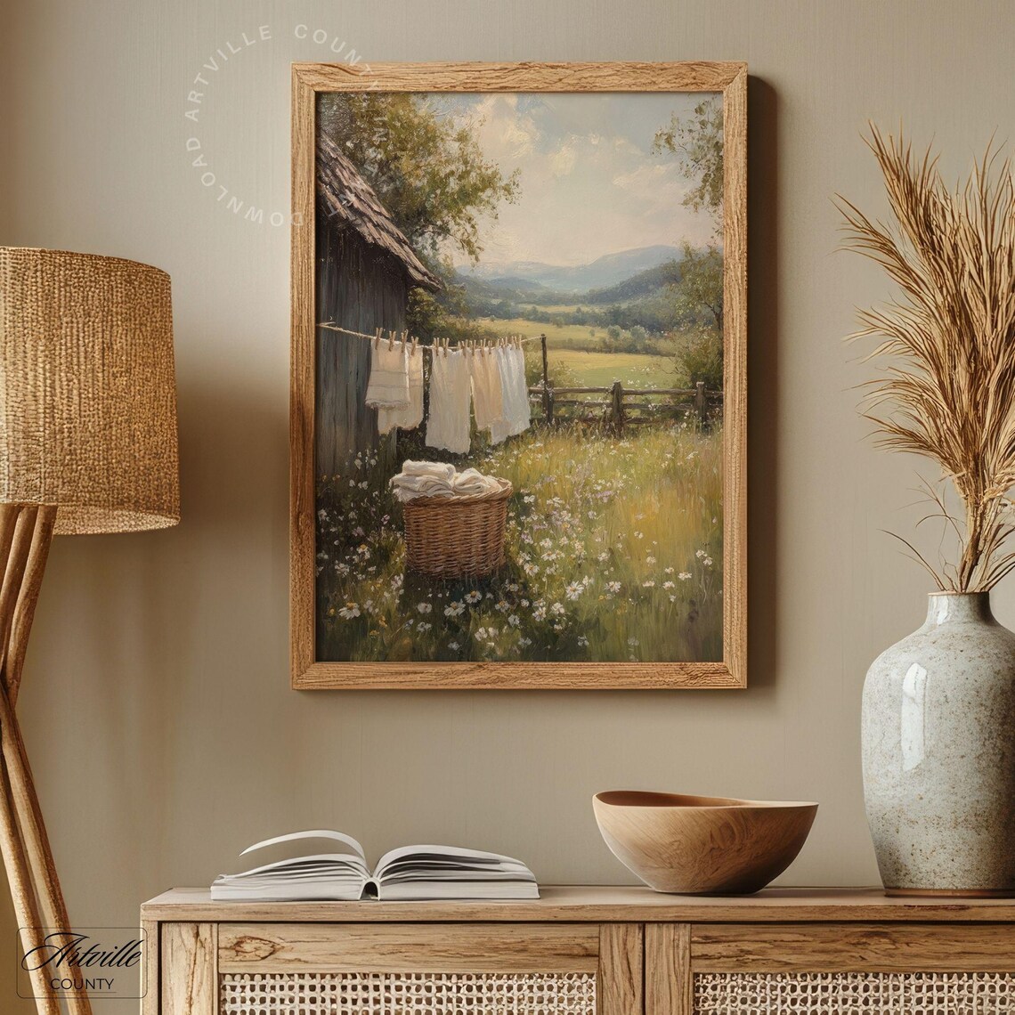 Vintage Laundry Day Print, Printable Country Landscape Painting ...