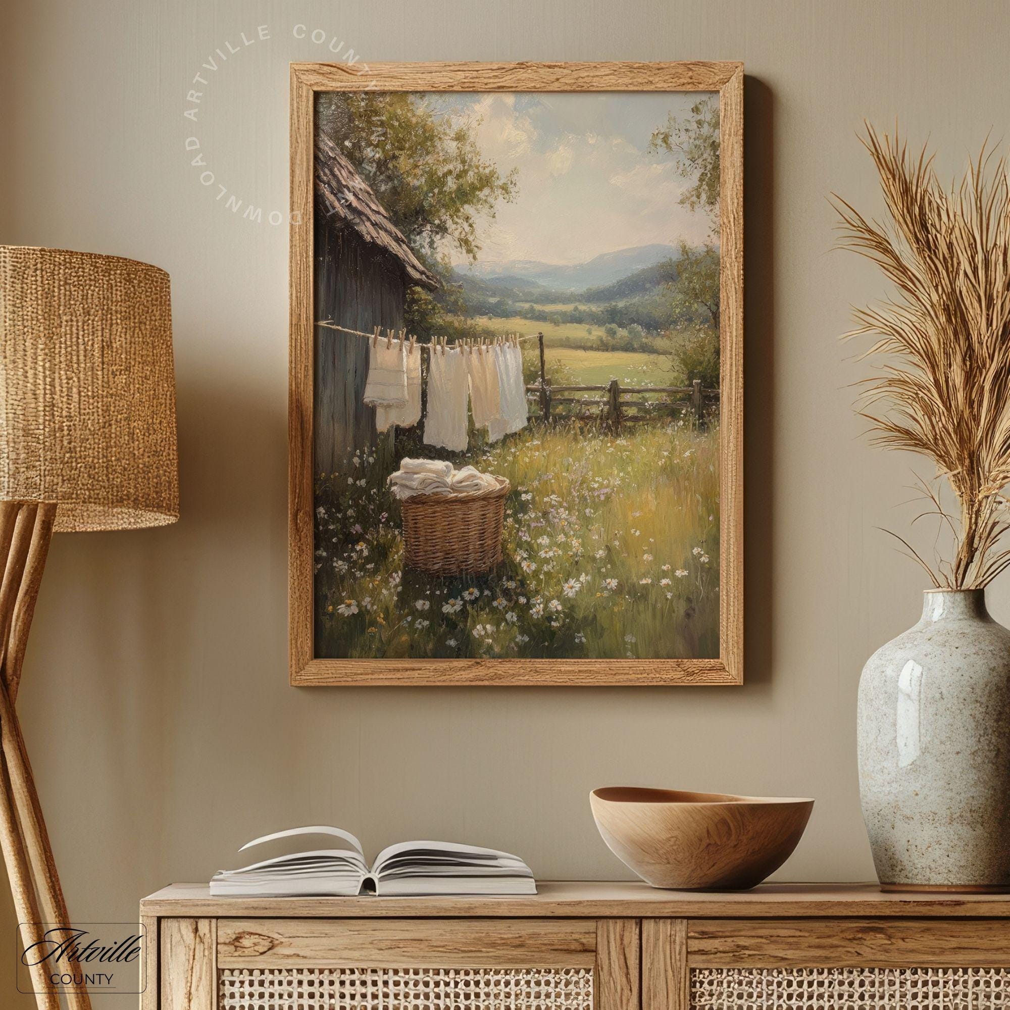 Vintage Laundry Day Print, Printable Country Landscape Painting ...