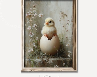Printable Baby Chick Painting, Vintage Easter Print, Newborn Chick Wall Art, Nursery Spring Decor, Cute Chick in Egg Print Digital Download