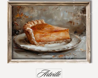 Printable Pumpkin Pie Wall Art, Autumn Kitchen Still Life Painting, Pie Slice Print, Vintage Farmhouse Fall Decor Digital Download Artwork