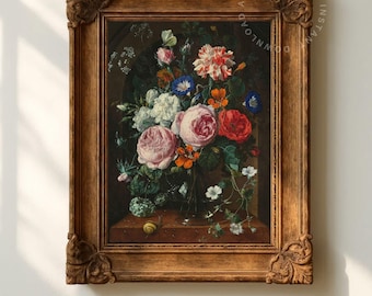 Humeurig bloemenstilleven schilderij, Hollandse meester bloem kunst aan de muur, vintage roos boeket print, donkere botanische muur decor, digitale download kunst
