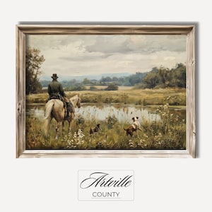 Printable Vintage Hunting Art, Antique Horse Print, Equestrian Wall Art, Vintage Landscape Oil Painting, Hunting Dogs Print Digital Download