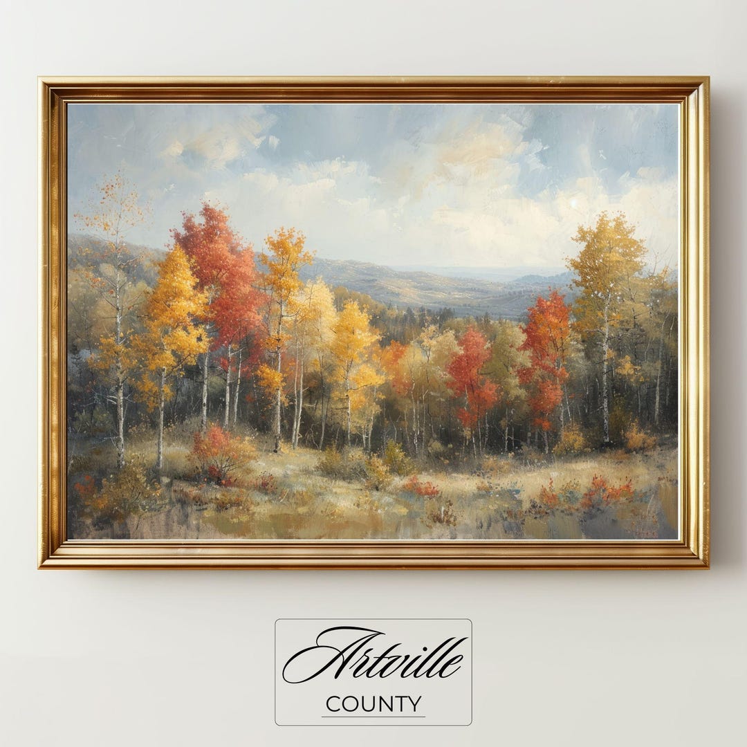 Rustic Fall Landscape Painting, Printable Autumn Forest Wall Art ...