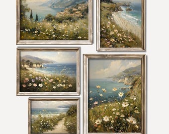 Conjunto de 5 impresiones costeras vintage, pintura antigua de flores silvestres, arte de pared de paisaje marino, decoración de casa de playa, paisaje primaveral imprimible, descarga digital
