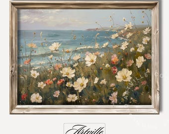 Vintage Summer Coastal Print, Coastal Decor, Printable Summer Beach Wall Art, Wildflowers Painting, Spring Landscape Art Digital Download