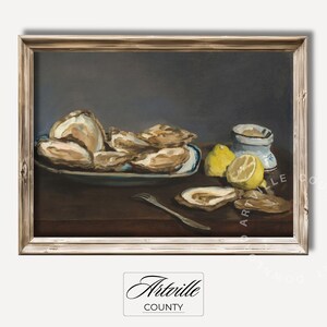 Vintage Oyster Still Life Print, French Seafood Wall Art, Rustic Kitchen Decor, Lemon and Oyster Painting, Antique Food Art Digital Download